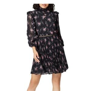 ML Monique Lhuillier Black Floral Ruffle Pleated Dress (Size 10)